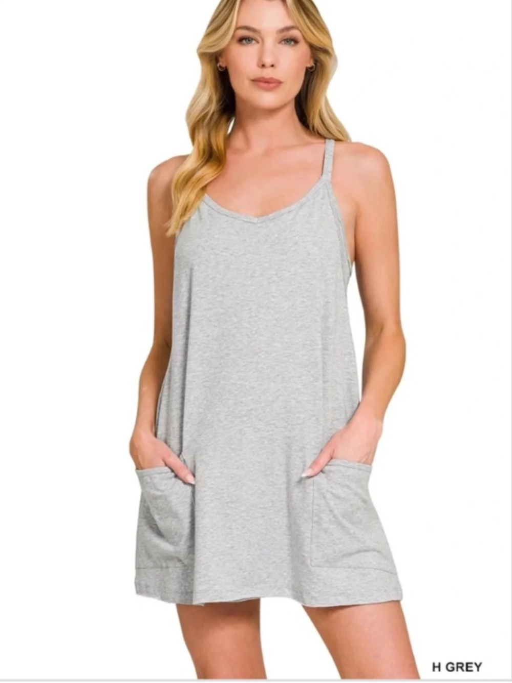 Zenana Romper Dress Built In Shorts Adjustable Straps Heather Grey Large